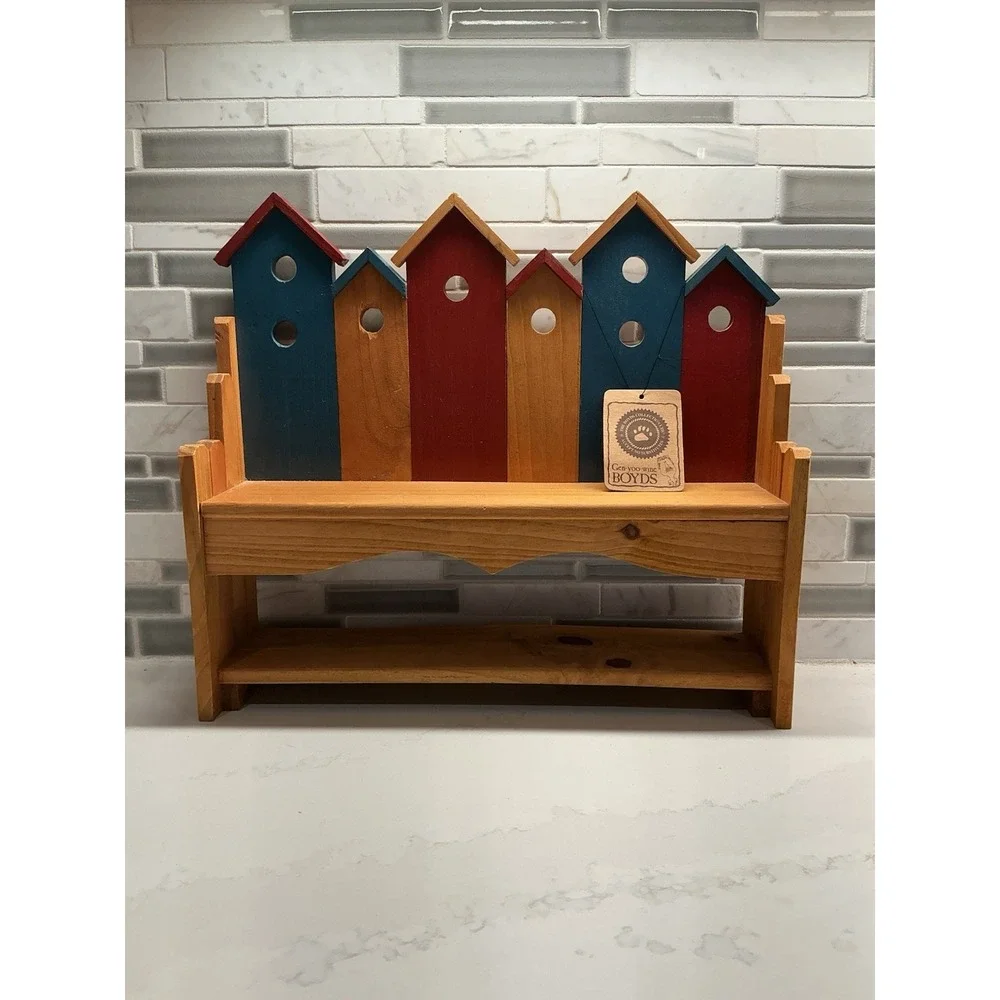 Boyds Wooden Birdhouse Bench Decorative Collectible Brown Blue Red